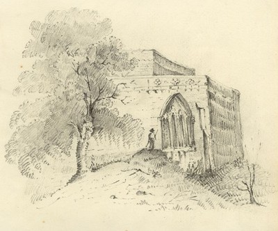 Kirchengebäude mit Figur Graphitzeichnung Anfang 19. Jahrhundert Original
