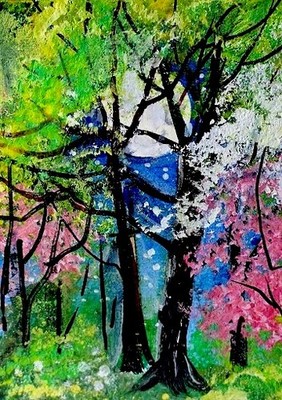 ACEO Original PAINTING Spring TREES Night Moon Flower Nature Landscape ATC ART