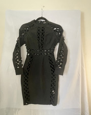 Fashion Nova S Black Cut-Out Bodycon Dress High Neck Long Sleeve Zip Stretch