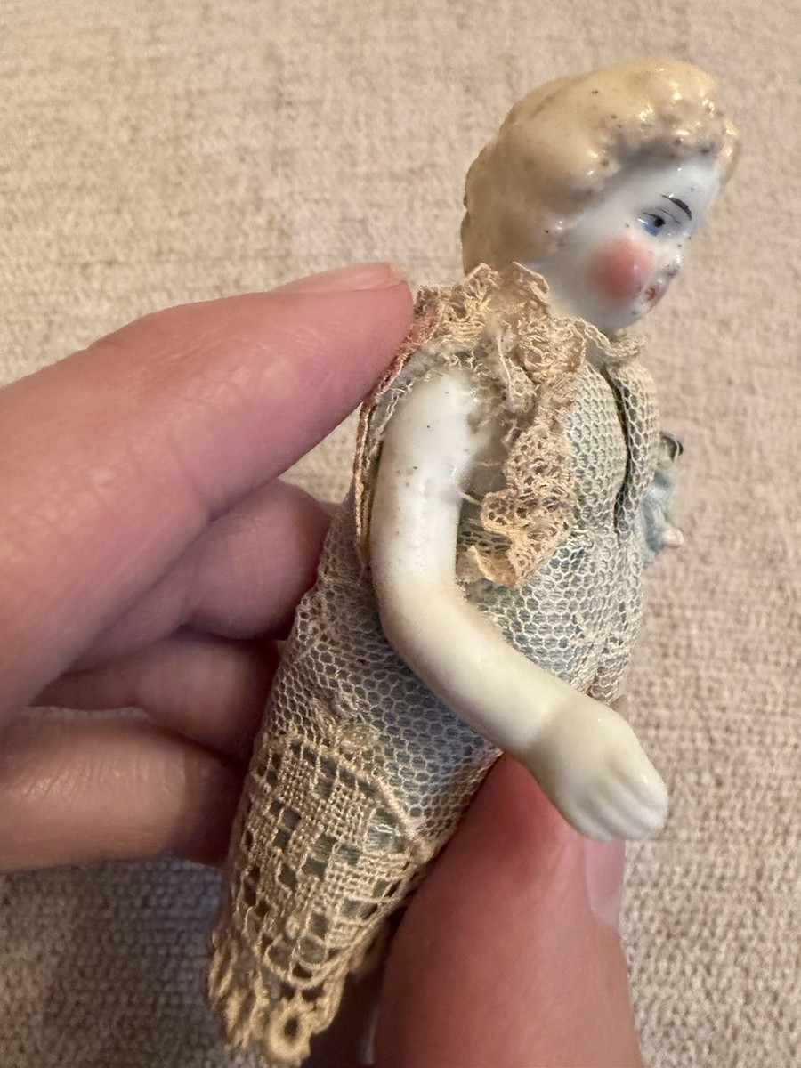Antique 4” Frozen Charlotte Doll w Mini Doll Accessory As-Is