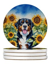 Bernese Mountain Dog in Sunflowers Large Sandstone Coasters Pk 4 DAC6026RCS4