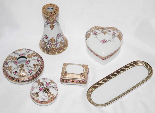 Nippon Reproduction 6 Pc  Dresser Set with Hatpin Holder, Hair Receiver  #1643