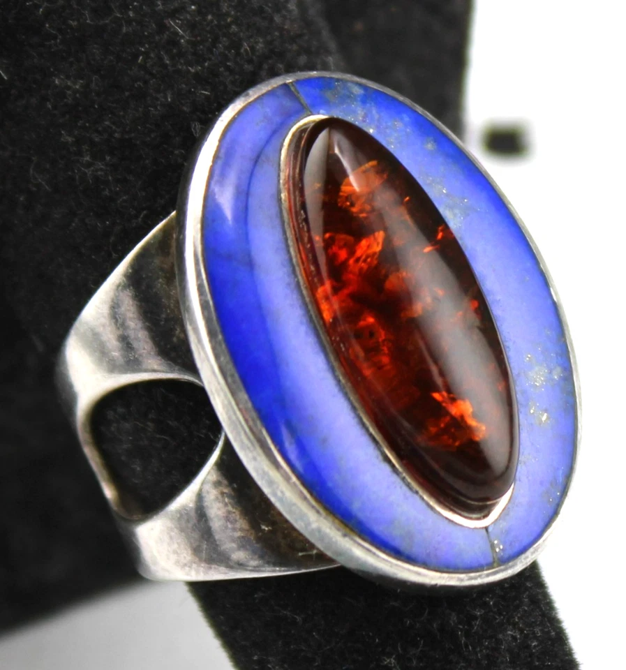 Southwestern Signed Jay King DTR Sterling Silver Lapis Lazuli Amber Eye Ring sz7 - Image 4 of 4