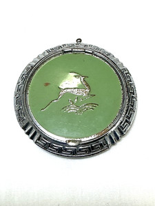 Vintage Evan’s Tap Sift Compact, Deer On Green Background, Greek Key Design Edge