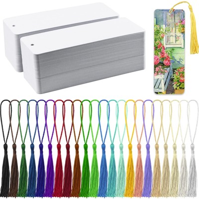 240 PCS White Blank Paper Bookmarks Decorate with 240 Pcs Tassels, Thick Card...