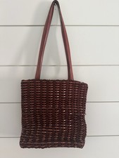 Woven Leather Tote Bag Dark Cognac Brown Shoulder Bag Vintage