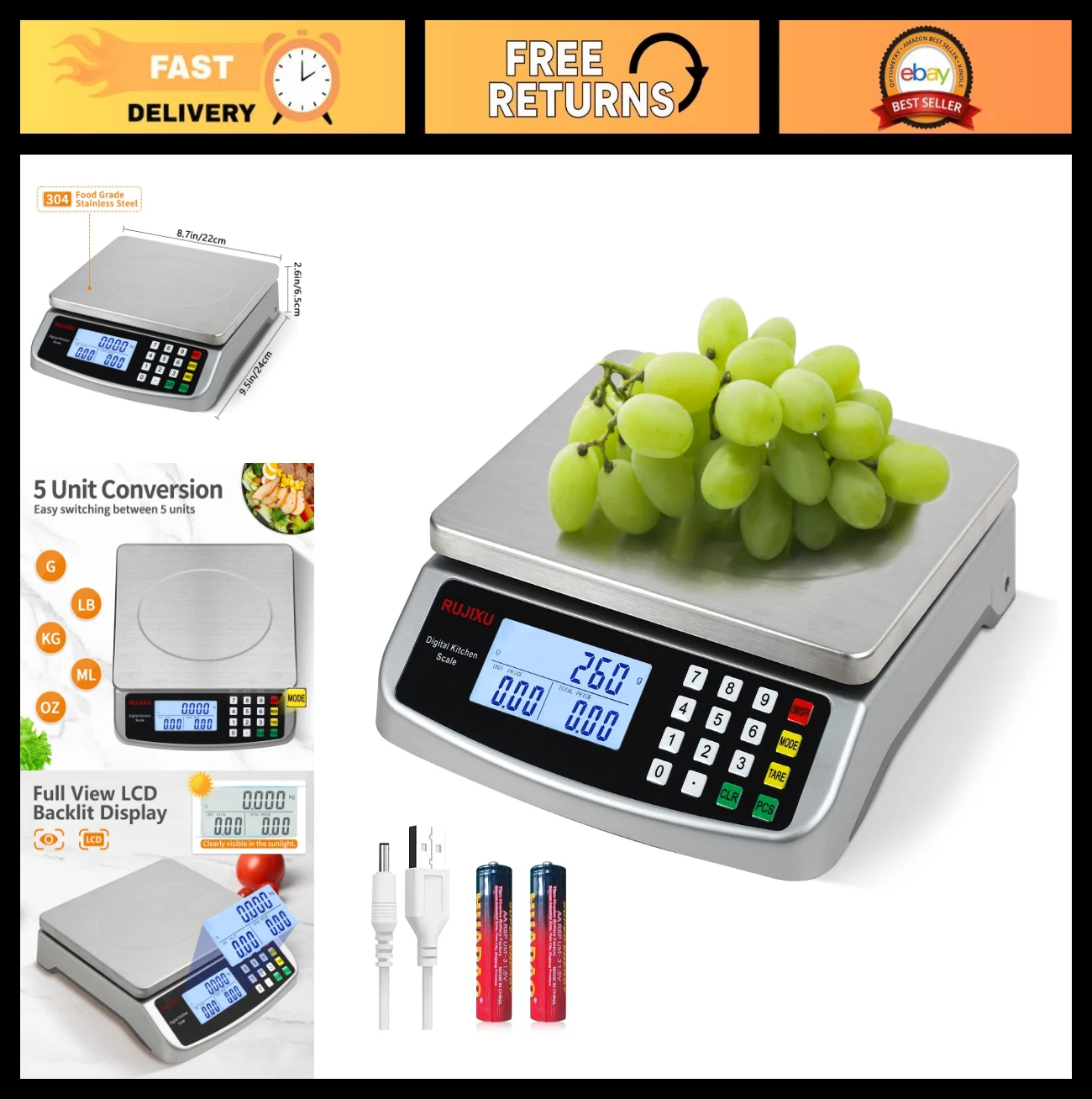 Large Digital Food Scale 88lb/40kg Kitchen Scale 0.05oz/1g Price Computing, Stai