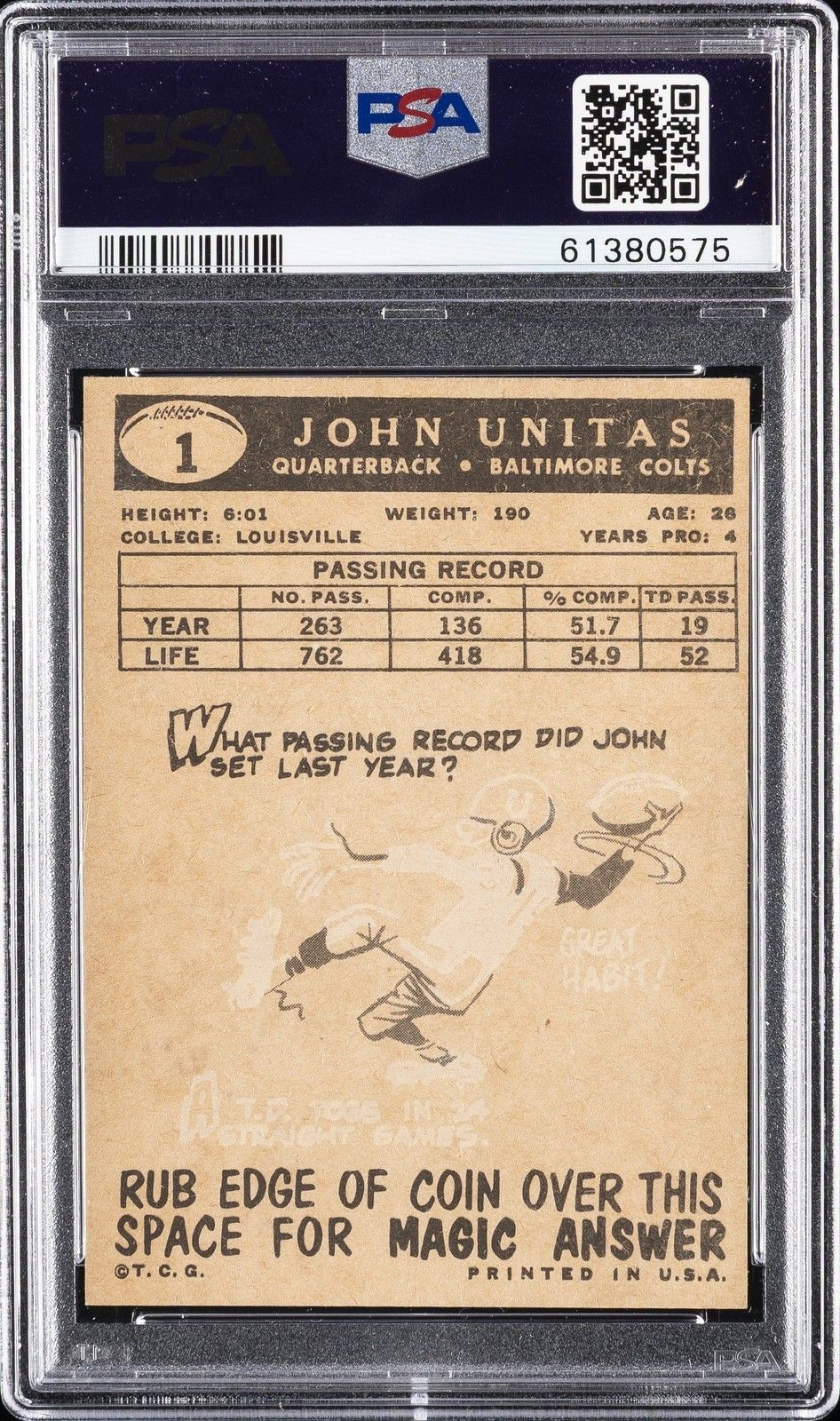 1959 Topps Johnny Unitas Baltimore Colts PSA 6 EX-Mint #1 cc23 view 2