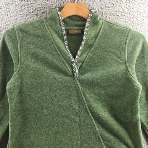 Wooly Bully Fleece Pullover Womens Medium Green Long Sleeve Embellished Collar - Picture 2 of 13
