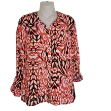 Notations Womens Blouse Medium Button Front Long Tab Sleeve Printed Pockets Red