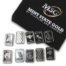 TEN One Gram .999 pure Silver Bars with random designs in a jewelry pouch (Or...
