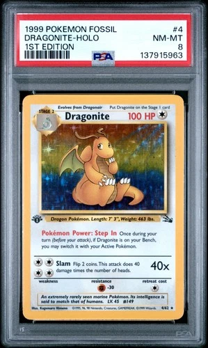 1999 POKEMON FOSSIL 1ST ED #4 DRAGONITE-HOLO PSA 8