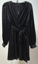 Express Women's Size L Black Long Sleeve Satin Tie Waist Mini Dress NWT