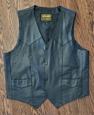 Black Leather Western Motorcycle Biker Cowboy Vest Snap Button Size 44 - Large
