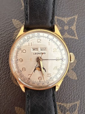 Vintage Leonidas Triple Date Moon Phase Pre - Heuer Mens Gold Copped Watch AUTO