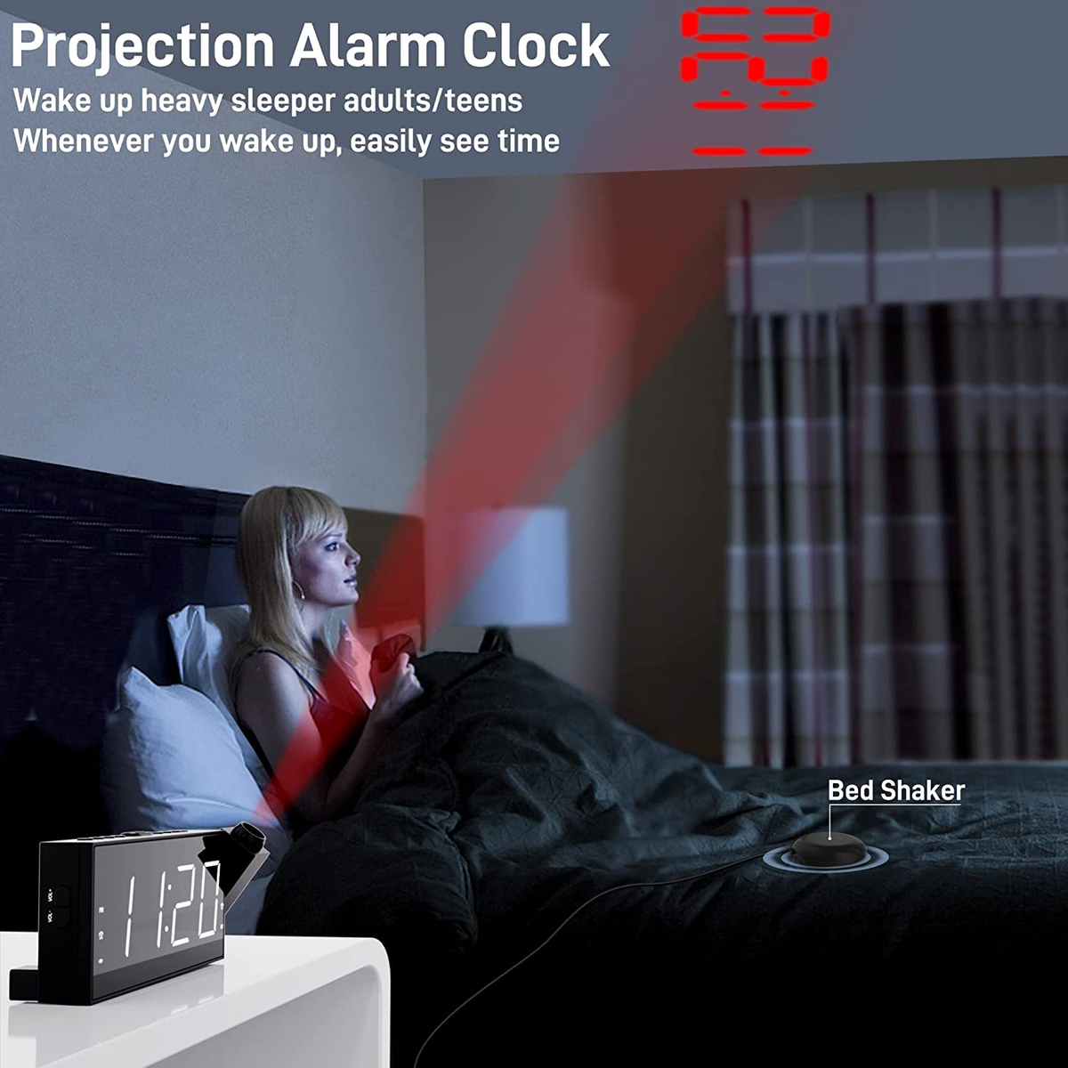 Projection Alarm Clock With LED Mirror Display – Ceiling Time Projection, Snooze, For Bedrooms, Heavy Sleepers
