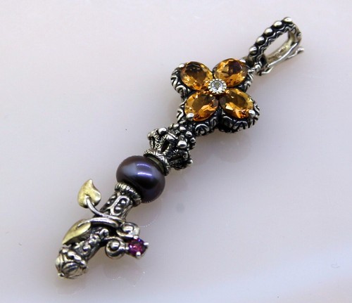 Barbara Bixby Citrine Pearl Key Pendant Sterling Silver 925 & 18k Gold SZ 2.5" - Picture 3 of 9