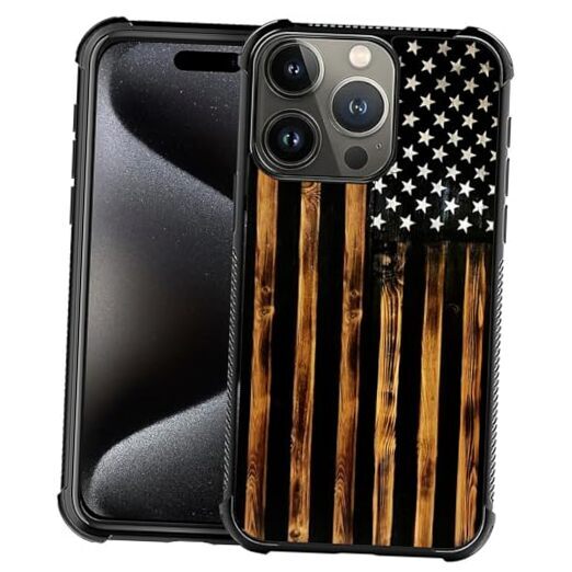 DJSOK Case Compatible with iPhone 16 Pro Max Classic wood grain old flag