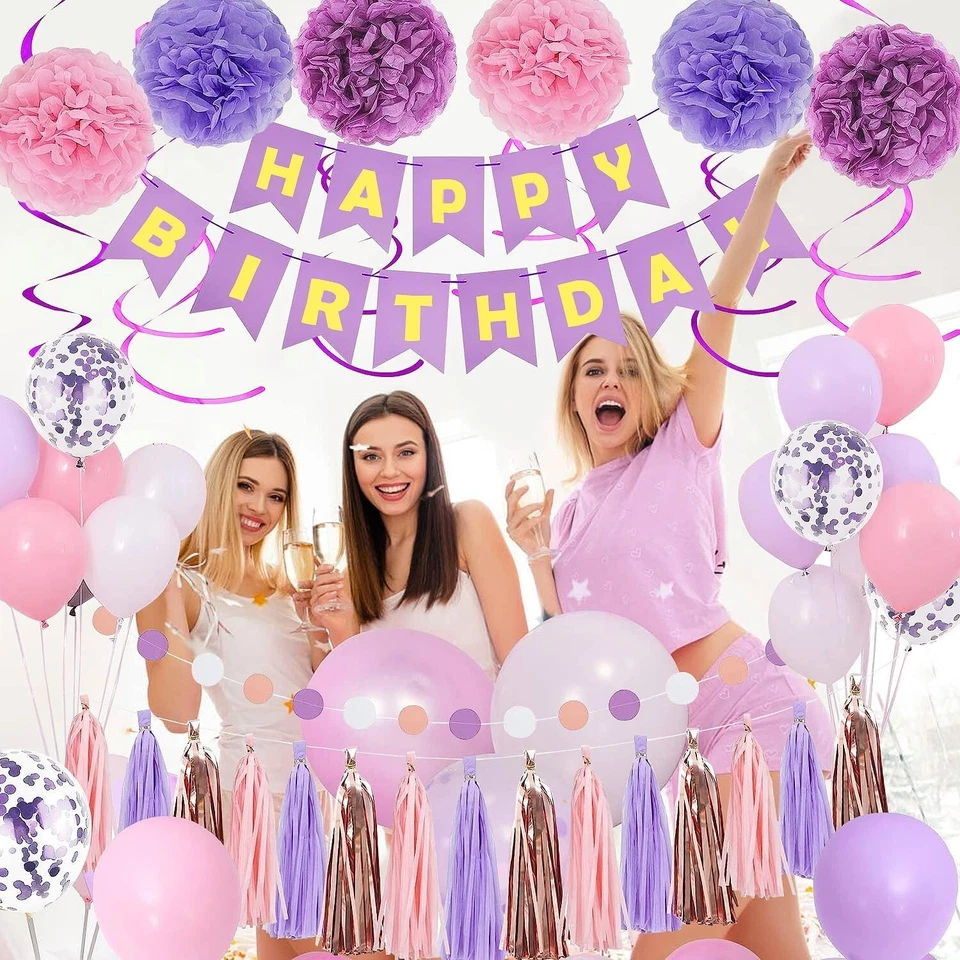 Purple Pink Party Decorations for Women Girls with Happy Birthday Banner - Image 3 of 4