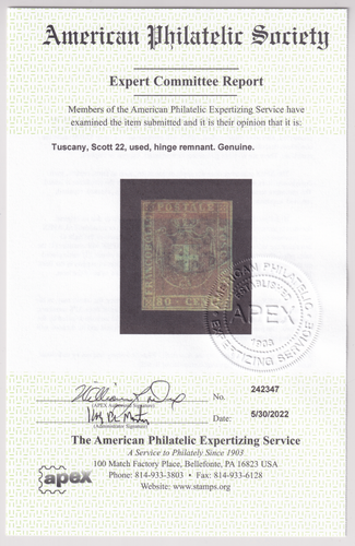 Italy Tuscany Scott #22 80c Used Stamp. VF margins. APS Certified. CV $1500