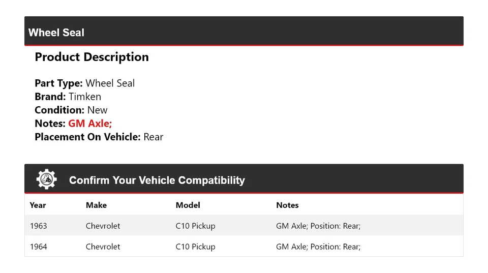 Sello de rueda trasero Timken para camioneta Chevrolet C10 1963-1964 Foto 2 de 4