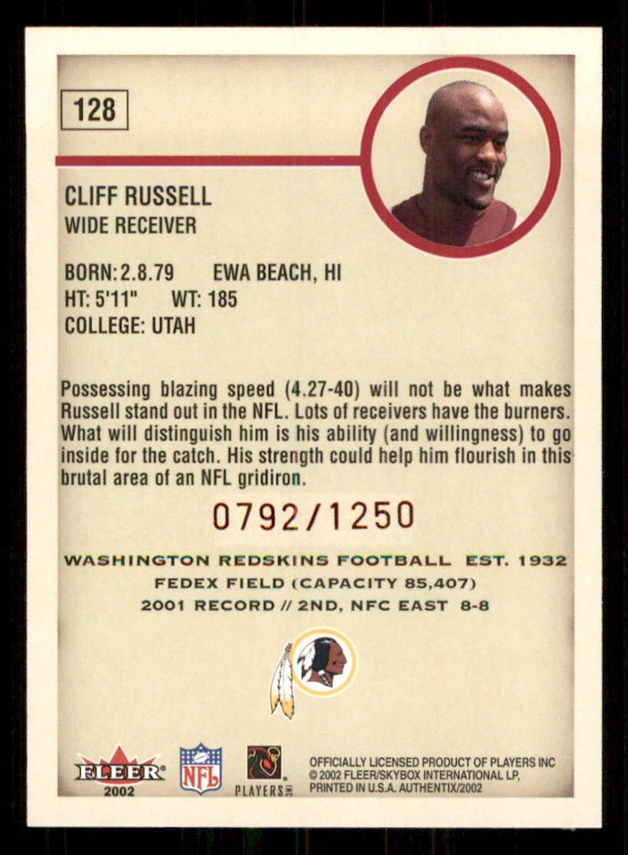 2002 Fleer Authentix #128 Cliff Russell RC /1250 - Image 2 of 2