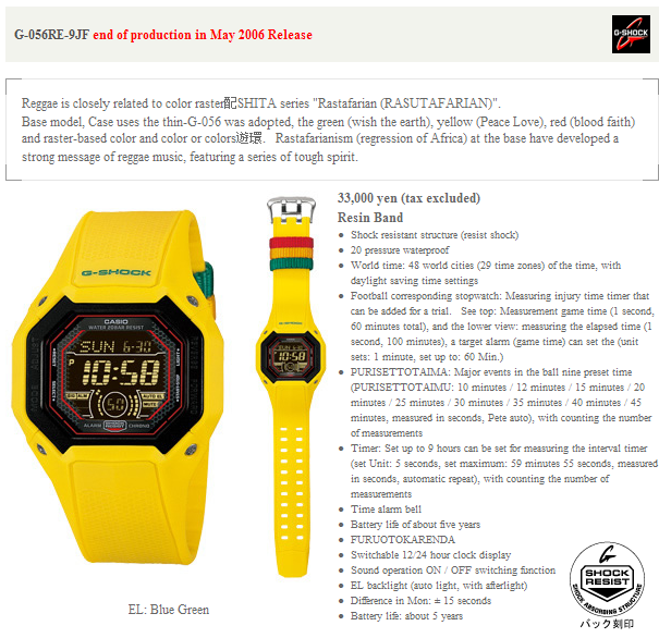 Vintage Yellow G-Shock Solar G-056RE Polygon Slim Rasta Reggae