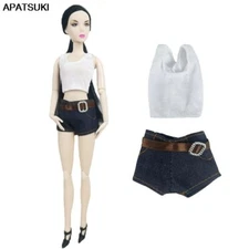White Tops + Short Jean Pants Fashion Doll Clothes for 11.5" Doll Outfits 1/6