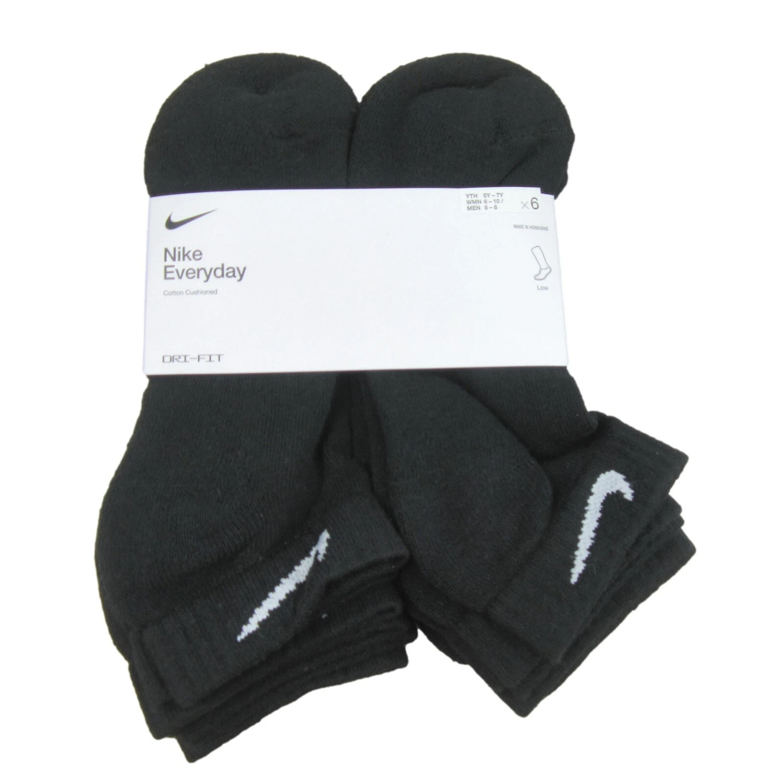 Nike Everyday Cushioned Low Socks Black 6 Pack Women's 6-10 / Youth 5Y-7Y NEW