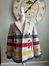 Pendleton Glacier Park Wool Pea Coat Women's Xxs Red Gold Green Stripe Rare