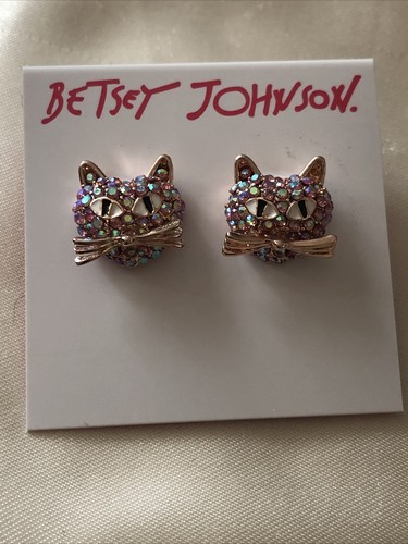 Betsey Johnson Rose Gold Tone Pink & Iridescent Crystal Cat Stud Earrings NWT - Picture 10 of 12