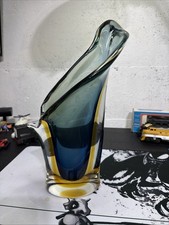 Vintage Murano Sommerso Venetian Curved Vase in Gold and Gray Blue