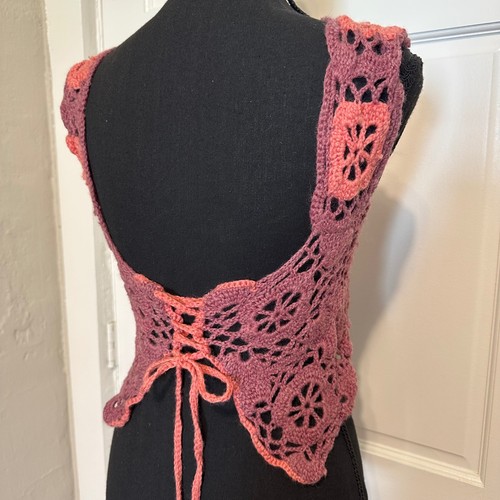 Crochet Crop Top Purple Coral Sleeveless Lace Up Back Festival Bohemian Handmade - Picture 5 of 7