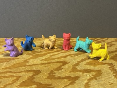 Eraser 6 Rubber Cat Figures ~ 2  Tall Purple Blue Gold Red Aqua Yellow HONG KONG