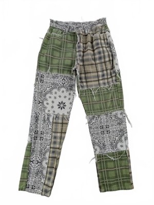 Patchwork Jeans M Green Khaki Paisley Plaid Frayed Straight Leg