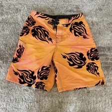 HIC Hawaiian Island Creations Board Shorts Mens 34 Orange Black Flames Swim