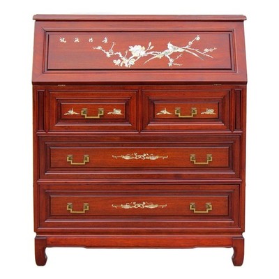 Asian Rosewood Secretary Desk with Mother-of-Pearl Inlay, Bird & Blossom Motif