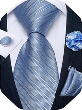 Mens Tie and Lapel Pin Set Silk Plaid Solid Paisley Necktie Pocket Square Cuff