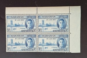 Bahamas 1946 Victory Peace Omnibus Issue Sc 131. SG 177 CORNER BLOCK of 4 MNH