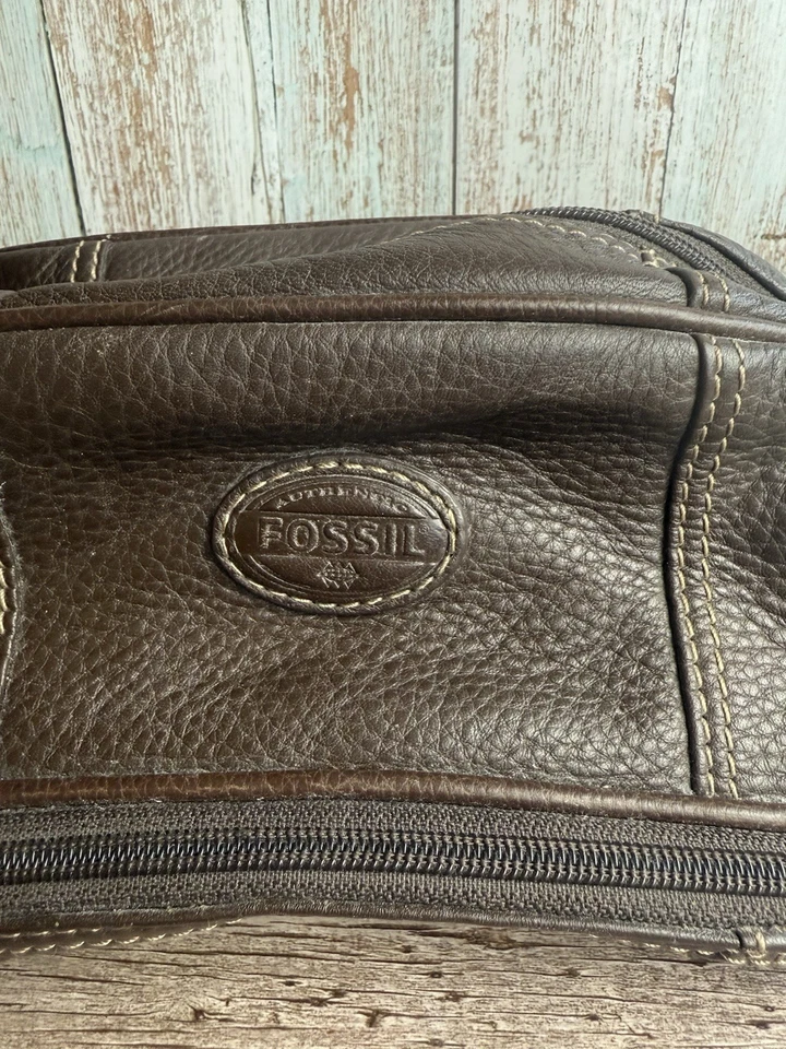Vintage Men Fossil Brown Leather Shaving Toilet Toiletry Travel Bag Zip Case - image 2 of 4