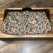 Vintage Floral Tapestry Clutch Kiss Closure India Lucite Frame 11x7.5" Purse
