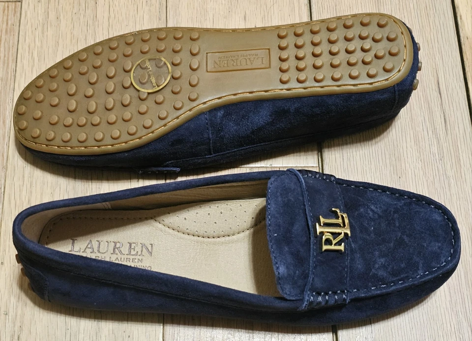 NIB Lauren Ralph Lauren Women's Navy Blue Barnsbury Suede Loafer Gold RL - Image 4 of 4