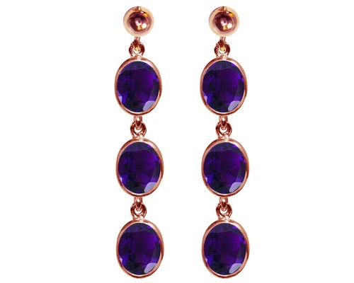 9ct Oro Rosa Naturale Ametista Triplo Ovale Pendente Orecchini Britannico Fatto