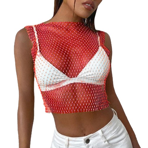 Women Sexy Mesh Tank Tops Rhinestone Glitter See Through Hollow Out Crop Tops - Picture 44 of 57