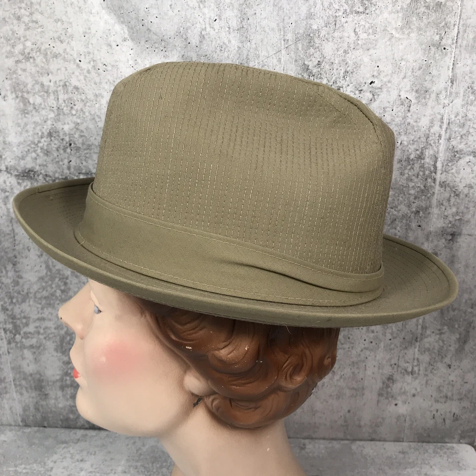 VTG STETSON Fedora Hat Waxed Cotton Tin Cloth Tan Grey W/ Feather 21.25” - Image 4 of 4