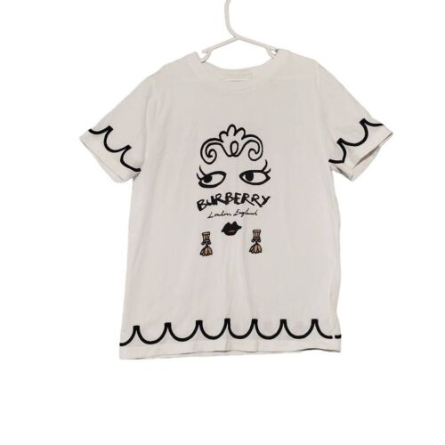 BURBERRY Girl's Fiona Embroidered Patch Face Logo White Short Sleeve Shirt 10Y