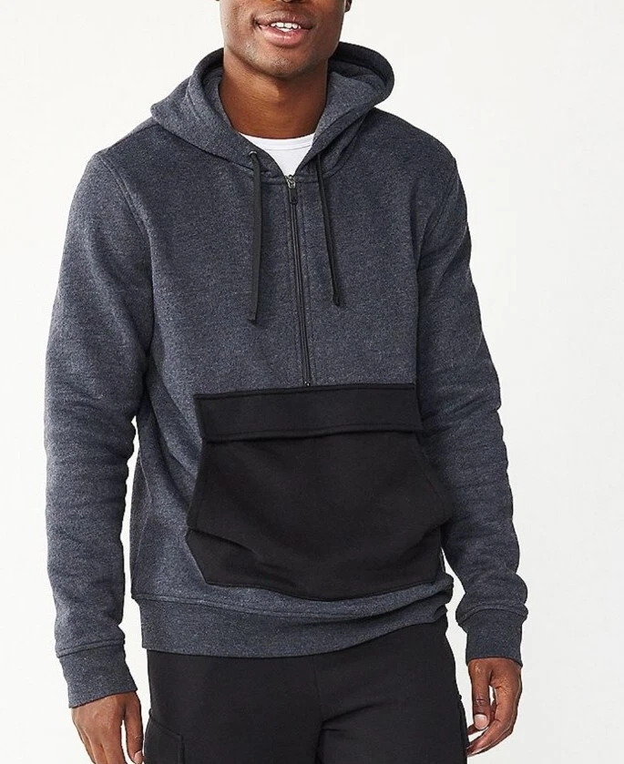 NWT MENS S TEK GEAR GRAY HEATHER BLACK COLORBLOCK POCKET 1/2 ZIP HOODIE  PULLOVER