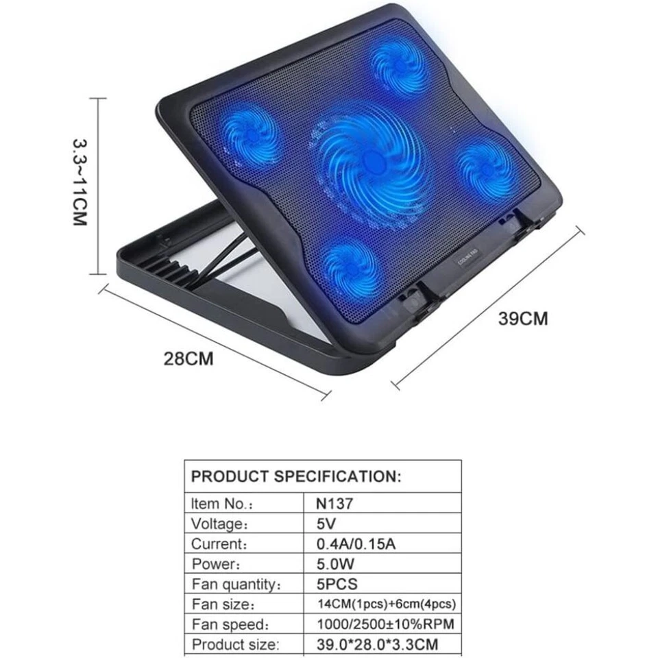 Ultra Quiet 12"-17" Laptop Cooling Cooler Mat Pad Laptop Stand 5 LED Fans NEW - Image 3 of 4
