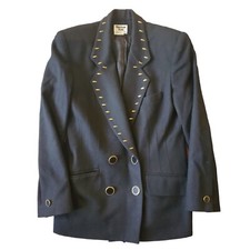 Vintage 90s Black Wool Double Breasted Studded Blazer Gold Enameled Sz Small