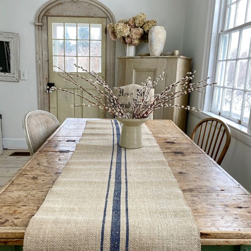 Farmhouse table runner blue stripe hand woven old hemp striped linen The Textil - Picture 4 of 9